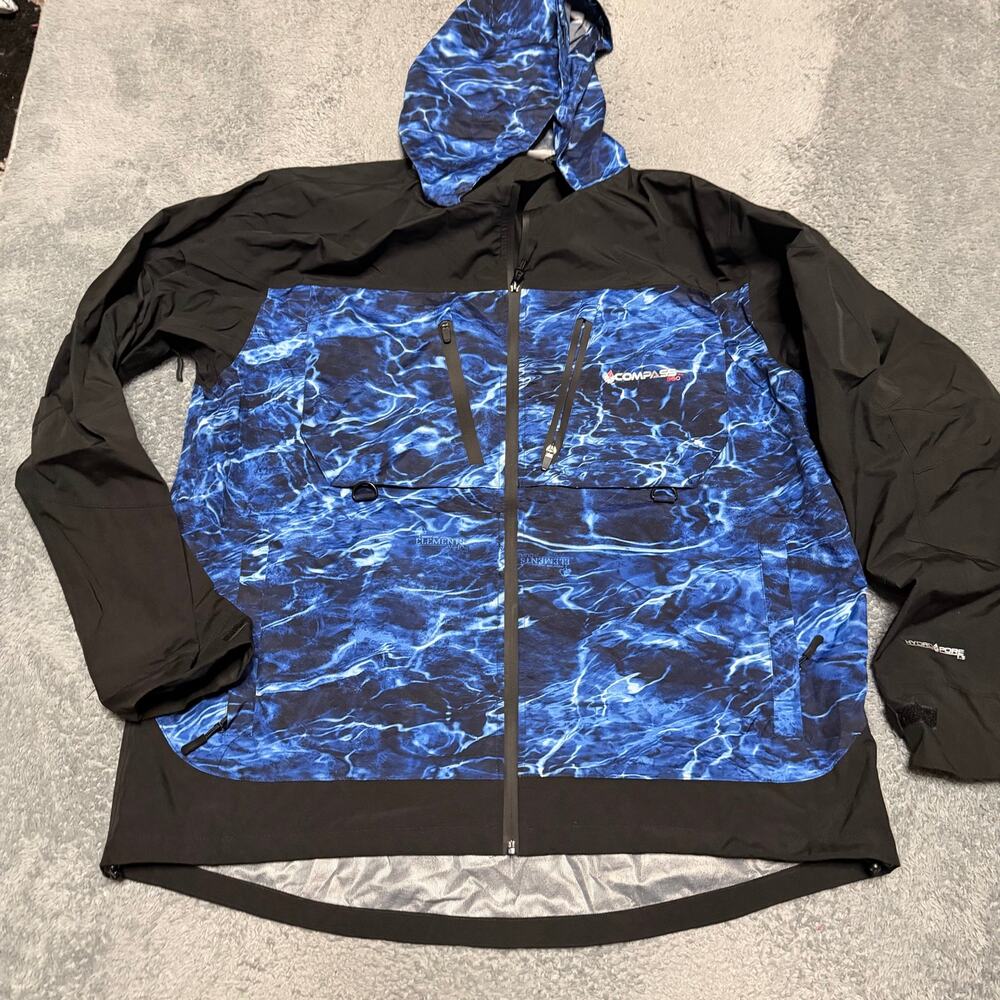 Outdoor Compass 360 Rain Jacket Mens XXL Hooded Full Zip Blue Black Abstract